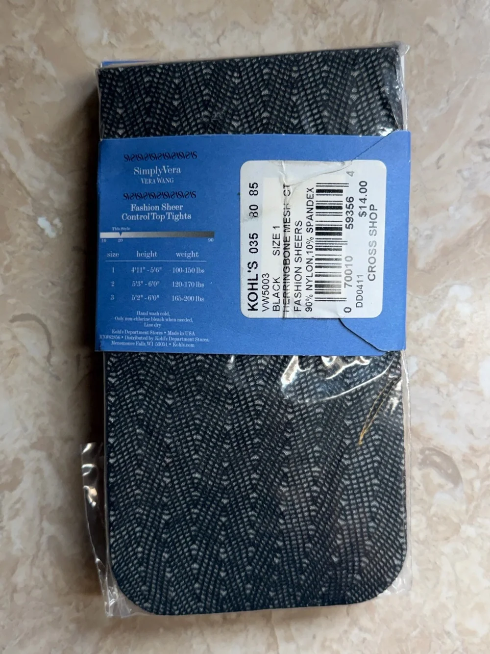 Simply Vera Vera Wang Black Fashion Sheer Control Top Tights Size 1 New with Tag